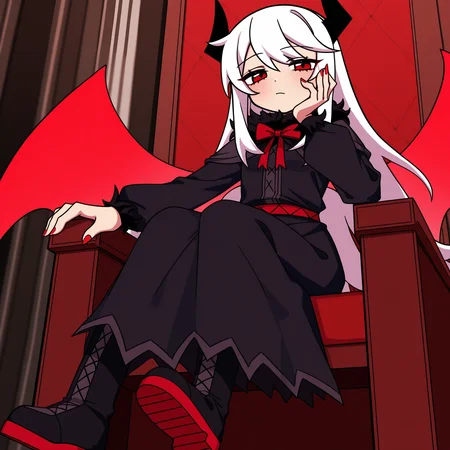 masterpiece, best quality, amazing quality, anime screencap, 1girl, solo, sitting, sitting on throne, from below, elbow rest, hand on own cheek, looking at viewer, red castle interior, bored, <lora:VareltFNF:0.9>, VareltFNF, white hair, long hair, red eyes, black horns, neck ribbon, red ribbon, red demon wings, long fingernails, red fingernails, black dress, long dress, black skirt, black boots,