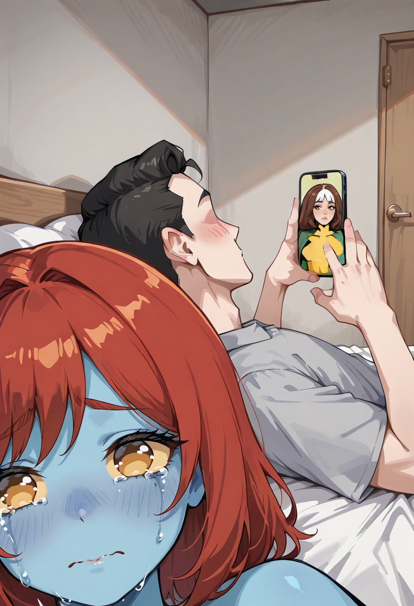 <lora:X-MenRogue:0.8>,  <lora:Mystique_from_X-Men_-_ILLU_character_model_by_SulfurSniffer:0.8>,  <lora:Dog_Crying_Selfie__Meme_Pose_Concept__IllustriousXL_and_NoobAI:0.7>