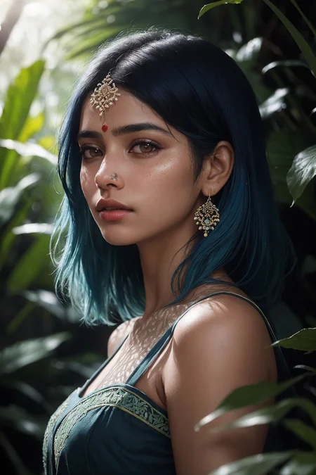 fashion photography portrait of indian girl with blue hair, in lush jungle with flowers, 3d render, cgi, symetrical, octane render, 35mm, bokeh, 9:16, (intricate details:1.12), hdr, (intricate details, hyperdetailed:1.15), (natural skin texture, hyperrealism, soft light, sharp:1.2), detailed, sunlight passing through foliage, india