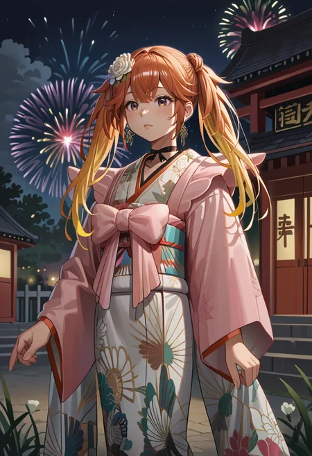 score_9, score_8_up, source_anime, KiaraNewYear, long hair, twintails, hair flower, black choker, white furisode, floral print, aqua obi, pink capelet, outdoors, night, dark environment, festival, shrine, aerial fireworks, <lora:ChamTakanashiKiaraV2PonyXL:1>