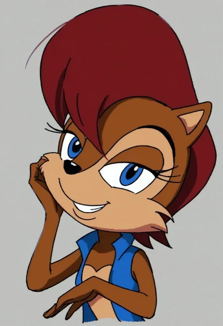 score_7_up, score_8_up, score_9, masterpiece, perfect face, perfect hands, high quality,
((smooth lineart)), ((cell shading)),
Sally Acorn, sonic character, sonic style, anthro, furry, 1girl, female, solo,
soft colors,
red brown hair, brown fur, blue eyes,
blue vest, 
smiling, ((bedroom eyes)),
looking at viewer,
headshot, head view,
dark lighting,