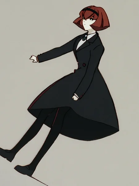 source_anime, score_9, score_8_up, score_7_up, anime screencap, 8k, absurd res, <lora:BigO_PDXLv1 Dorothy-000060:0.8> 1girl, solo, killerdorothy_(the_big_o), short hair, red hair, black hairband, black eyes, green brooch, pale skin, black dress coat, simple background, full body,