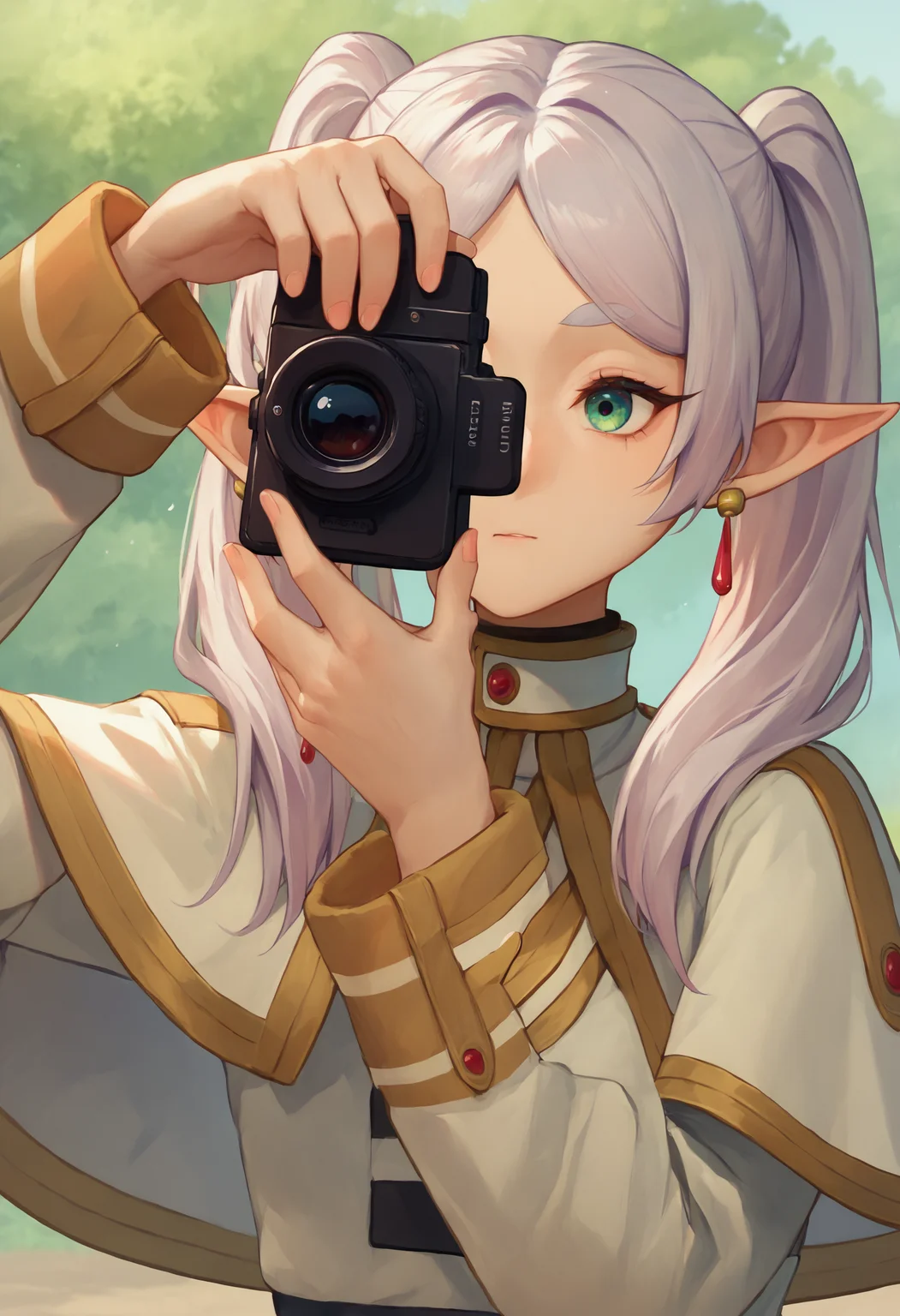 score_9_up score_8_up score_7_up, 1girl, holding camera
<lora:holding_camera2_d16:1>
BREAK
nereirfpnxl, frieren, pointy ears, twintails, earrings, elf, parted bangs, white hair, white capelet, capelet, long sleeves
<lora:others_frieren_nereirfpnxl_pony_v2:1>