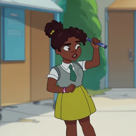 Depth of field.score_9_up, score_8_up, score_7_up, Kennedy, Dark Skin, Brown hair, Dark-skinned female,Shirt,green necktie,green skirt