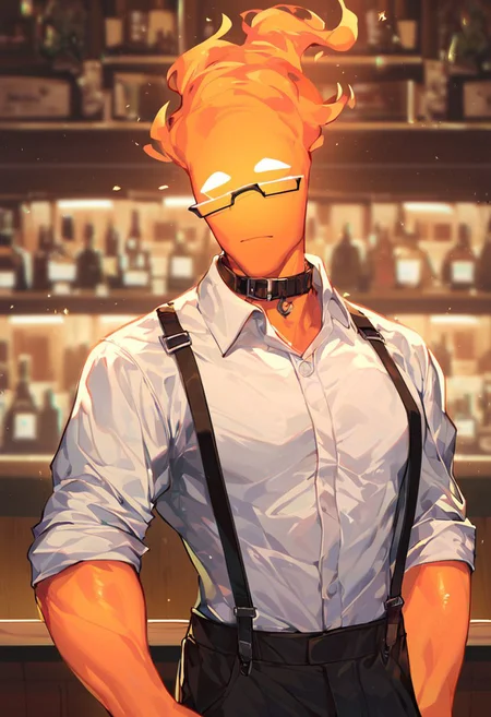 (((beautiful, high quality))), upper Body, score_9, score_8_up, score_7_up,
FireHuman, orange fire, empty eyes, 1male, orange skin, white eyes, suspenders, black pants, muscular, collar shirt, rolled sleeves, glasses,
looking at the viewer, posing, blurred background, bar, indoors,