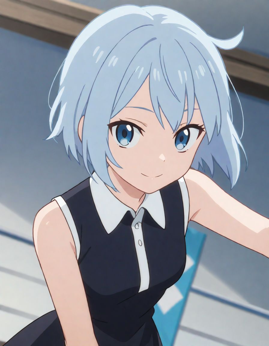 1girl, light blue hair, short hair,  black sleeveless shirt dress,  (striped panties:0.4), floating hair
, looking at viewer, light smile
, scrore_9, score_8_up, score_7_up, screencap
 <lora:rou:1>