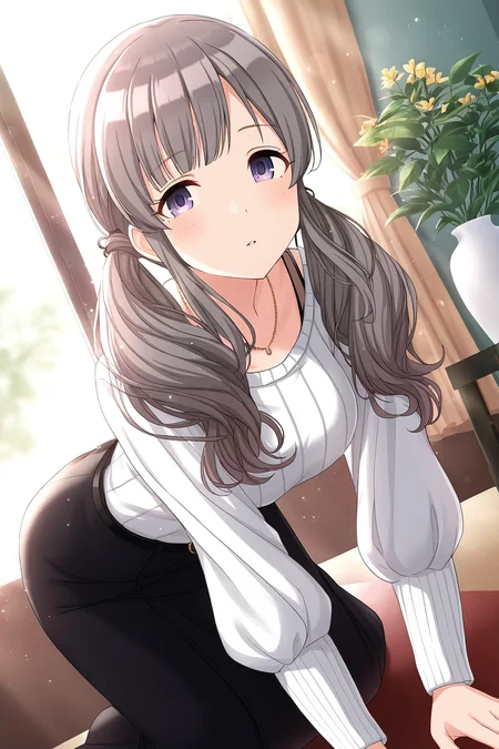 <lora:YukokuKiriko:0.8>, Yukoku Kiriko, 1girl, solo, indoors, dutch angle, skirt, looking at viewer, twintails, low twintails, jewelry, belt, shirt, necklace, long sleeves, window, black skirt, curtains, black belt, long skirt, sunlight, parted lips, sweater, plant, light particles, puffy sleeves, all fours, flower, bag, vase