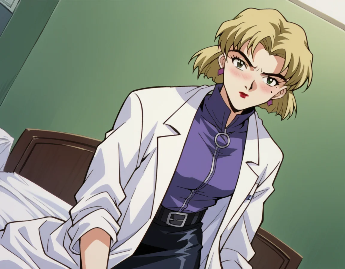 score_9, score_8_up, score_7_up, source_anime,
ritsukoakagi, <lora:ritsuko-akagi-classic-ponyxl-lora-nochekaiser:1>,
ritsuko akagi, short hair, blonde hair, mole, mole under eye, parted bangs, green eyes,
lipstick, skirt, jewelry, pantyhose, earrings, belt, pencil skirt, labcoat, shirt, purple shirt, turtleneck, zipper,
indoors, bed, bed room, on side, blush, drunk,
cowboy shot, looking at viewer, solo, dutch angle,