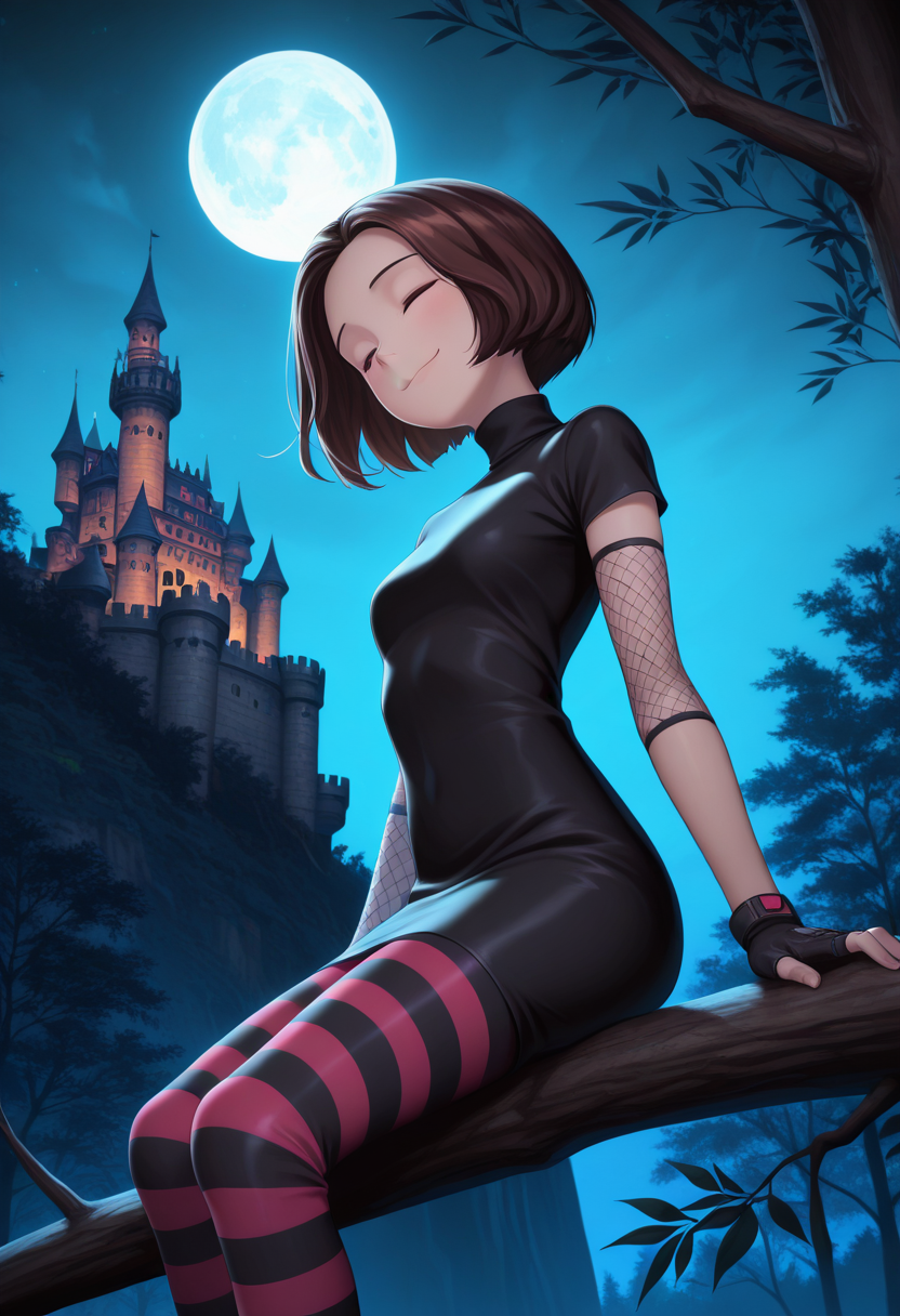 Graphic Design, color art, vibrant colors, colorful, intricate details, high contrast, detailed background, beautiful detailed, beautiful face, detailed eyes, detailed face, new, 1girl, solo, lyub0v, short hair, brown hair, closed eyes, smile, black turtleneck short dress, short sleeves, red and black striped leggings, fishnet elbow fingerless gloves, cowboy shot, dynamic pose, tight clothes, sitting on branch, tree, night, (dark:1.4), castle in the background, moon, scenery, head tilt, from side, perspective, (masterpiece, best quality, newest, recent, absurdres),