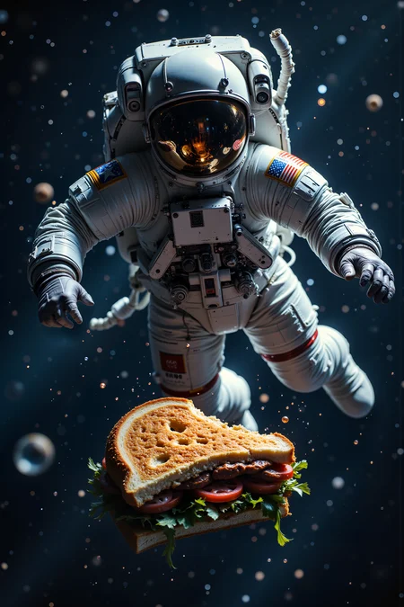 An astronaut floating in space is reaching out his hand to a half-eaten sandwich floating away from him Fantastic lighting. Detailed shadows.intricate details, vivid colors, hyper-detailed, ultra-sharp<lora:FluxMythR3alisticF:0.4><lora:midjourney_whisper_flux_lora_v01:0.4><lora:aidmaMJ6.1-FLUX-V0.1:0.4><lora:Movie_Portrait:0.4><lora:Flux DetailerV2:0.4>