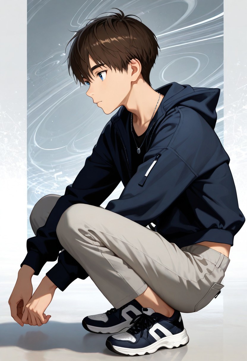 masterpiece, top quality, very aesthetic, absurd, amazing quality, high resolution, over-detailed, absurd, volumetric lighting, intricate details, abstract background, side view, Back to back, 1 boy, twink, skinny, solo, male focus, handsome face, thick eyebrows, blue eyes, brown hair, short haircut, street clothes, hooded jacket, trousers-cargo, gray trousers, high-top sneakers, necklace, squatting