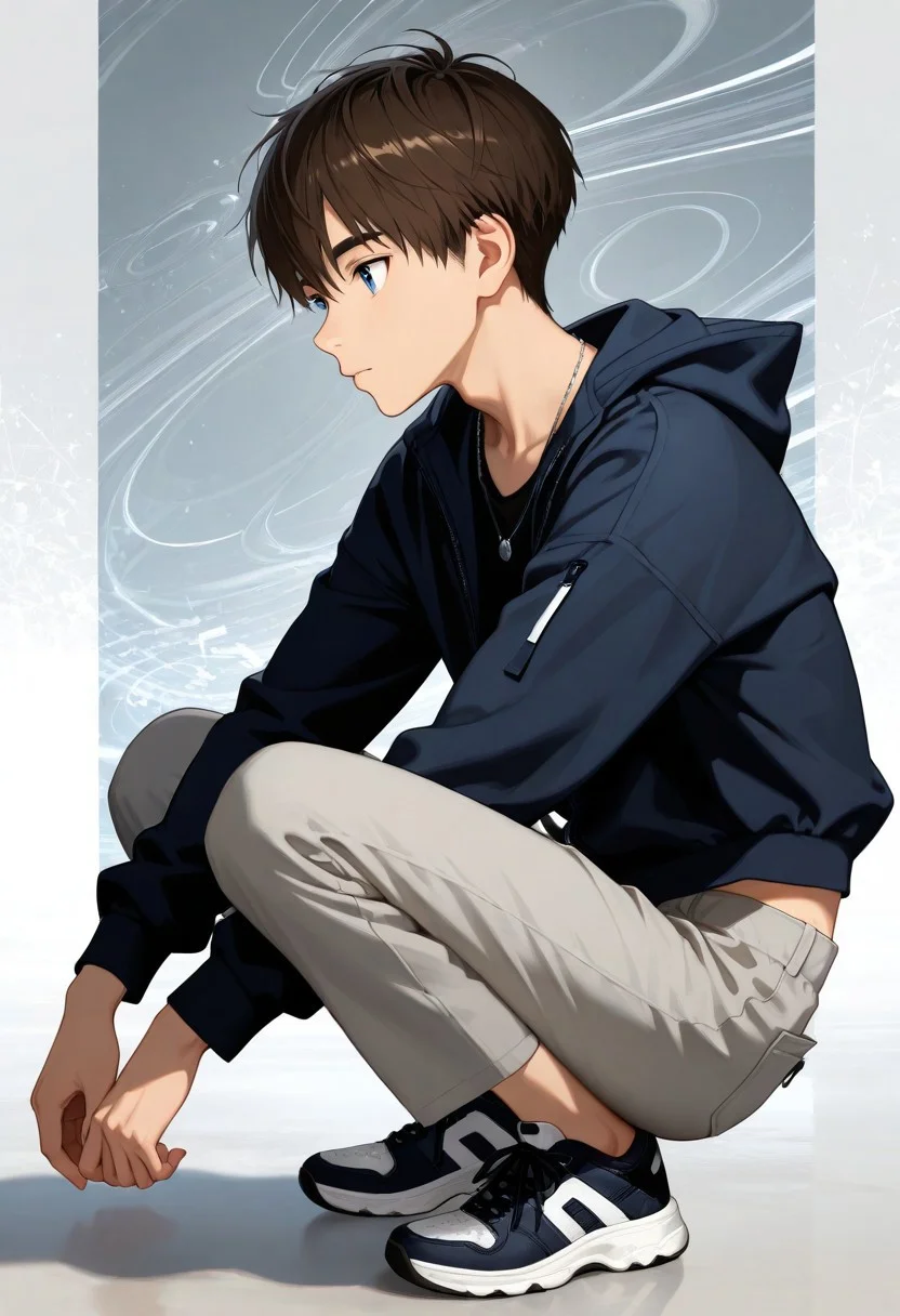 masterpiece, top quality, very aesthetic, absurd, amazing quality, high resolution, over-detailed, absurd, volumetric lighting, intricate details, abstract background, side view, Back to back, 1 boy, twink, skinny, solo, male focus, handsome face, thick eyebrows, blue eyes, brown hair, short haircut, street clothes, hooded jacket, trousers-cargo, gray trousers, high-top sneakers, necklace, squatting