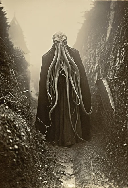 antique photo, eerie atmosphere, creepy, descent into madness, cthulhu, horror, lovecraft