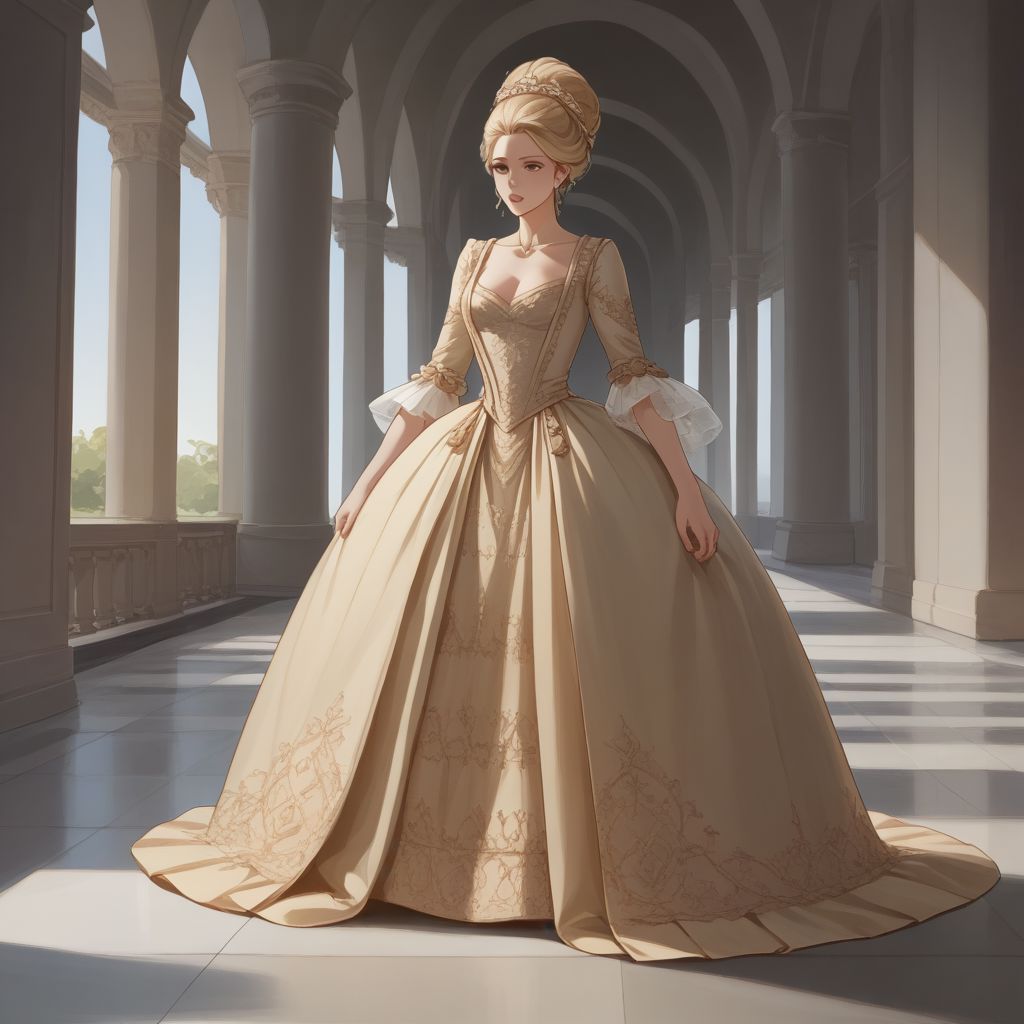 score_9, score_8_up, score_7_up, full height image, beautiful 2d anime drawing of a woman wearing intricate silk georgian gown, blonde hair in large updo, in ballroom,