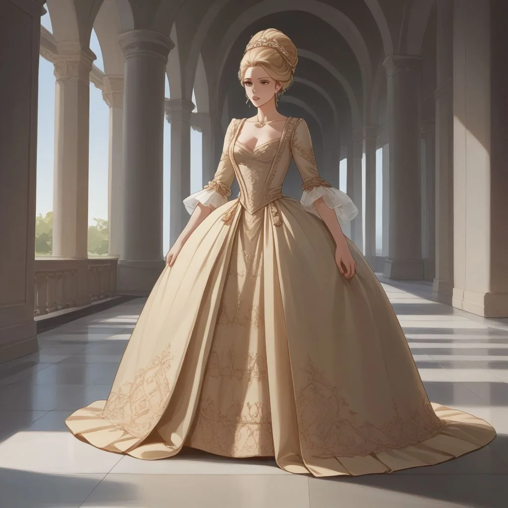 score_9, score_8_up, score_7_up, full height image, beautiful 2d anime drawing of a woman wearing intricate silk georgian gown, blonde hair in large updo, in ballroom,