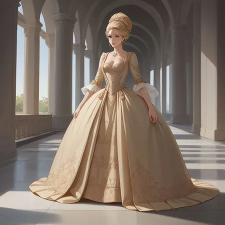 score_9, score_8_up, score_7_up, full height image, beautiful 2d anime drawing of a woman wearing intricate silk georgian gown, blonde hair in large updo, in ballroom,
