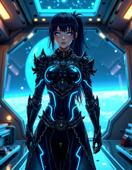 A dark fantasy female warrior clad in intricate, glowing armor infused with neon circuits. Her armor is highlighted by glowing blue lines that pulse with energy. She stands confidently in a sleek, metallic space station interior, with expansive window views revealing distant galaxies. Holographic displays float around her, casting a soft blue light across her anime-inspired features.
