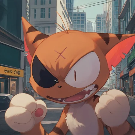 matatabi_ckc, solo, furry male, furry, orange fur, eyepatch, male, cat, scar, fangs, shocked, screaming, city, background, 1 eye, eye(((score_9, score_8, score_7, high quality, high detail, detailed face, good anatomy)))