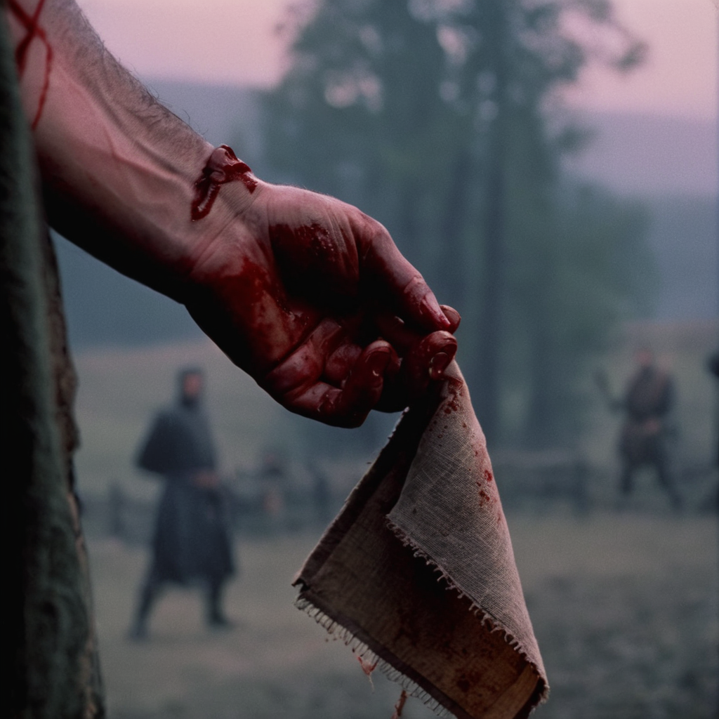 cinematic film still of <lora:detailed:0.2> 
<lora:perfection style:0.2>
<lora:Ron Fricke style:0.1>
 <lora:Braveheart film style:1>
In 1280 a closeup of a person holding a handkerchief with a bloody hand,blurry,blood,bandages,realistic,13th century, cinematic, kodak, Braveheart film style, shallow depth of field, vignette, highly detailed, high budget, bokeh, cinemascope, moody, epic, gorgeous, film grain, grainy