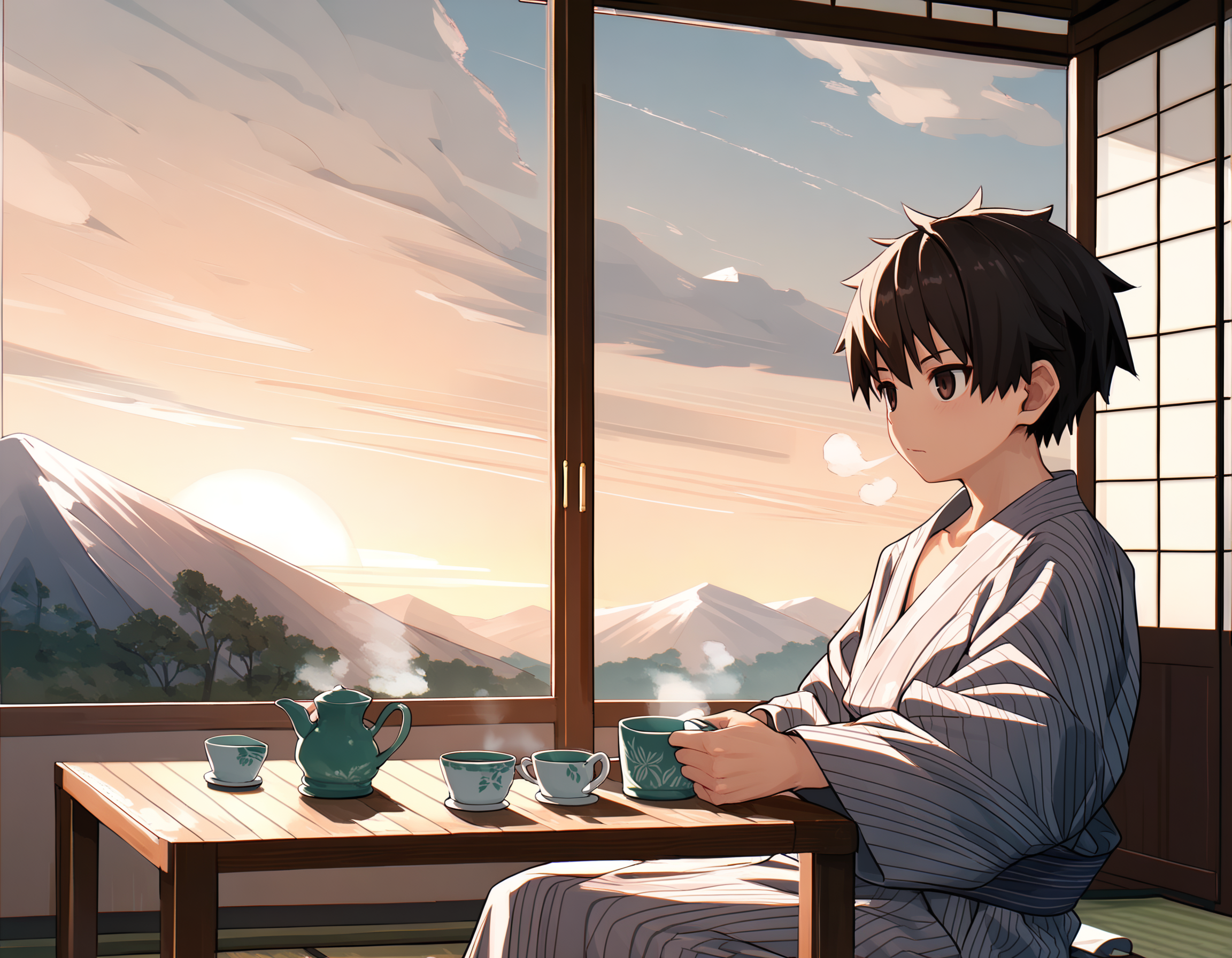 score_8, score_8_up, score_7_up, score_6_up, source_anime, wide shot, ryokan, window, scenery, mountains, autumn, sunrise, 1boy, solo, young, yukata, green tea cup, steam, closed mouth, sitting seiza, tatami, food on table <lora:nayoshi-amxl-v4c-ShoAI:0.9>