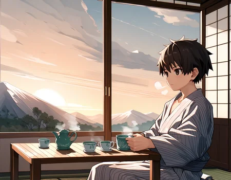 score_8, score_8_up, score_7_up, score_6_up, source_anime, wide shot, ryokan, window, scenery, mountains, autumn, sunrise, 1boy, solo, young, yukata, green tea cup, steam, closed mouth, sitting seiza, tatami, food on table <lora:nayoshi-amxl-v4c-ShoAI:0.9>