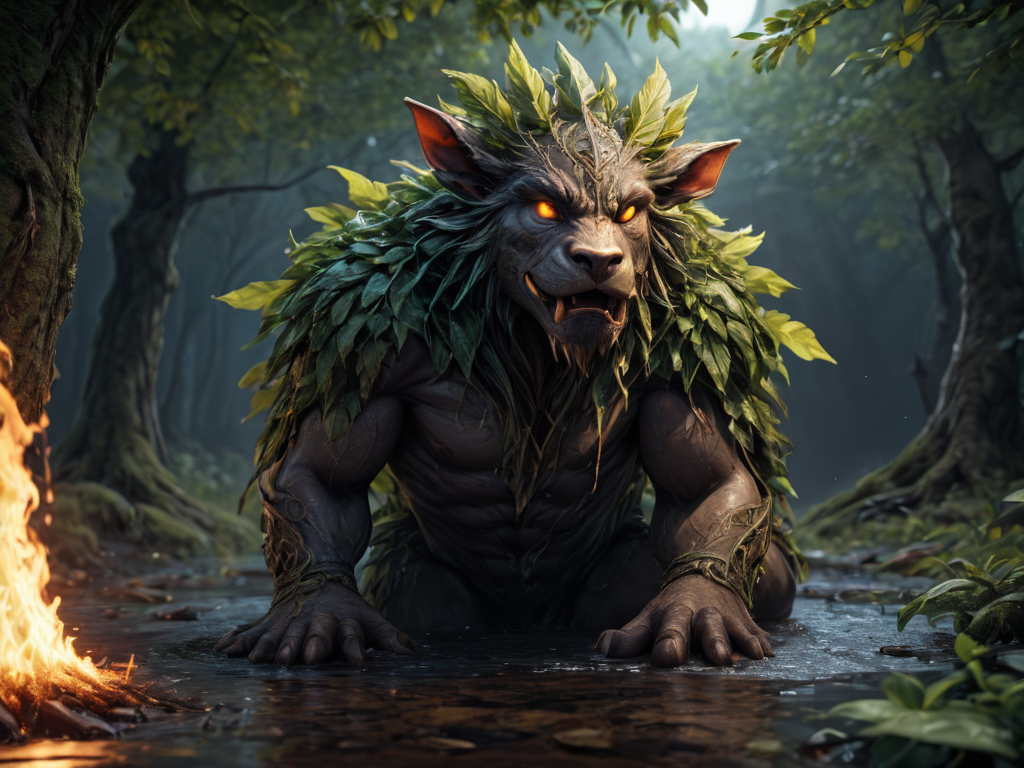 breathtaking, maximum fidelity, ultra high detail, ultra HD, Panavision Millennium DXL2 8k professional RAW photography hyperrealism filter of a 2.5D render night, moody, creepy. (druidic molerat beast made of leaves magically infused with (fiery glow:1.2)) sits in hole <lora:LoromXL_Druidic_Naturalism:0.6>, dark and stormy, luminous reflections, rtx on, subsurface scattering, dynamic hdr tone mapping, volumetric lighting, screenspace reflection, Physically-Based Rendering, Unity WÄtÄ environmental water