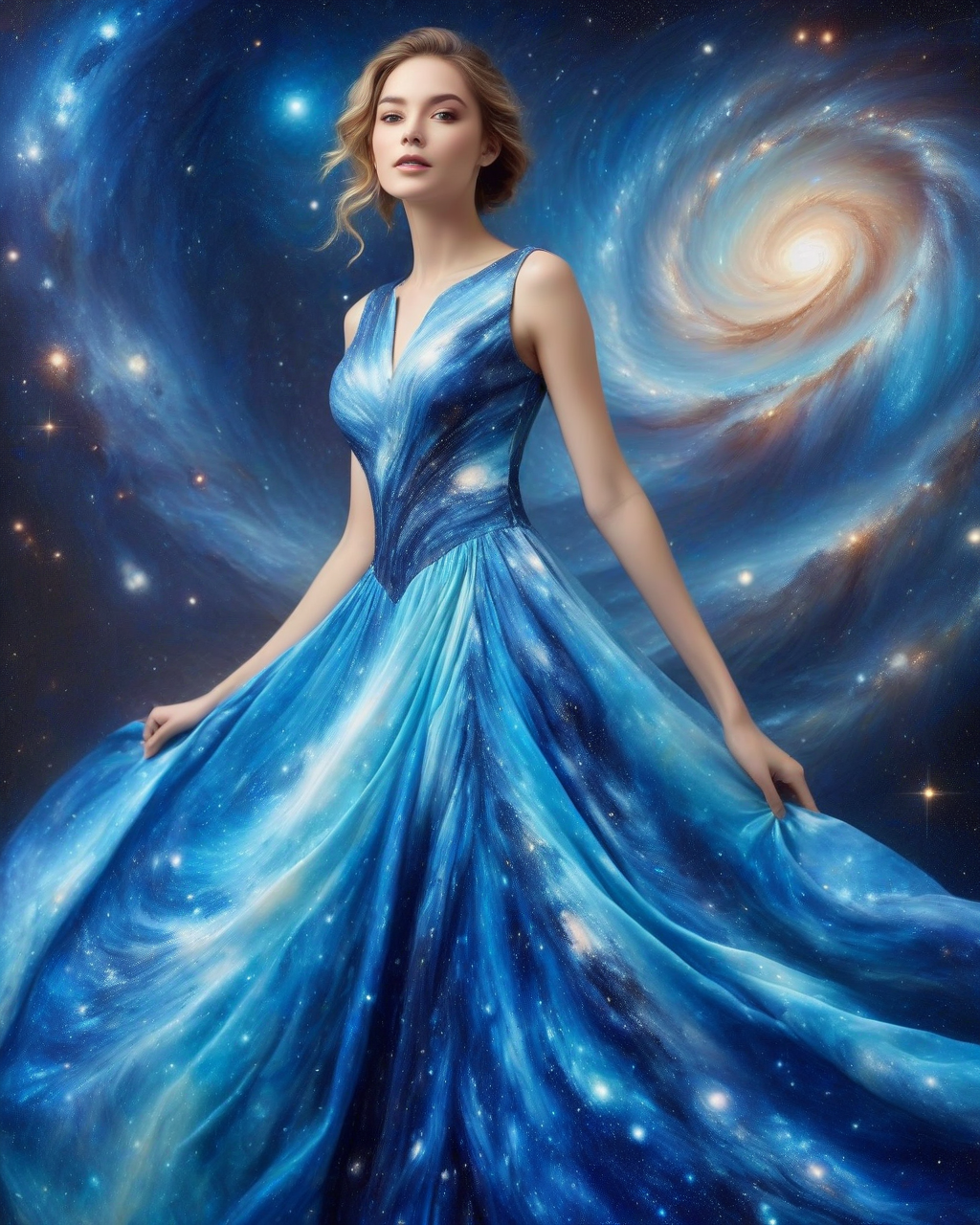 (masterpiece), (extremely intricate:1.3), (realistic)
,a woman wearing a long dress with a blue spiral galaxy print,in the background a party room, realistic, 4k, masterpiece