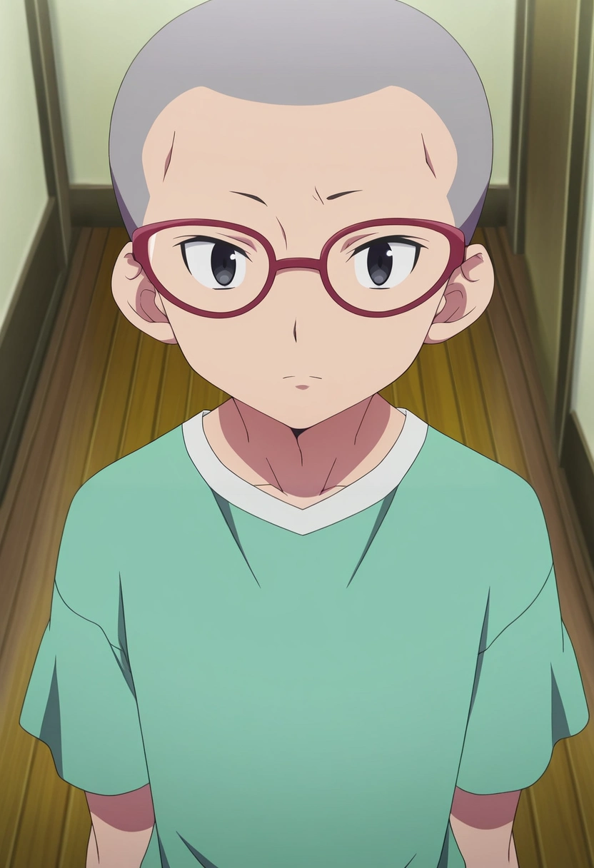 masterpiece, best quality, , anime screencap, anime coloring, official style, looking at viewer, 1boy, solo, male focus, <lora:konekomaru_miwa_ilxl:1>, konekomaru_miwa, grey hair, black eyes, very short hair, glasses, red-framed eyewear, ,
