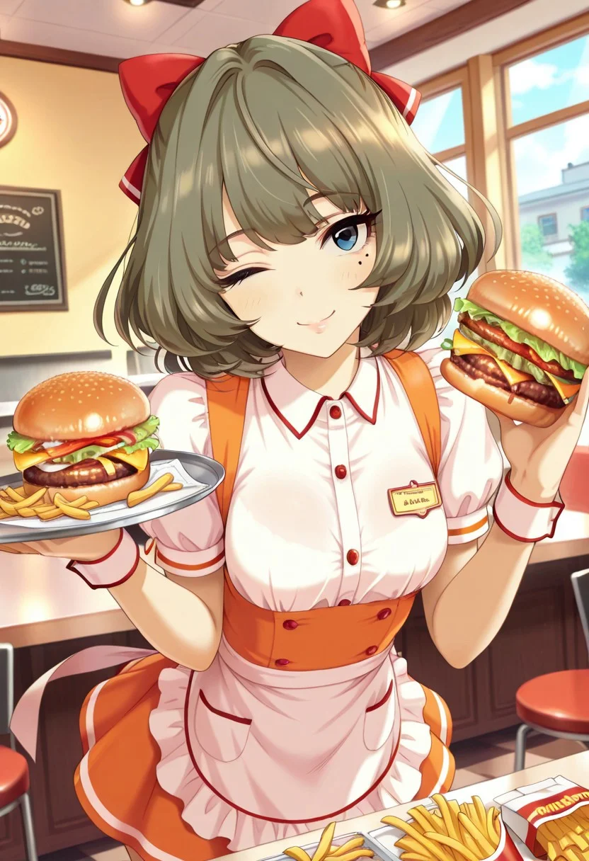 masterpiece,best quality,amazing quality, takagaki kaede, short hair, brown hair, mole under eye,  blue eyes, heterochromia, 1girl, one eye closed, mole, burger, food, waitress, solo, apron, hair bow, bow, smile, french fries