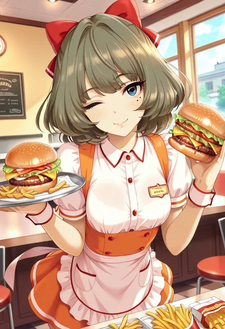 masterpiece,best quality,amazing quality, takagaki kaede, short hair, brown hair, mole under eye,  blue eyes, heterochromia, 1girl, one eye closed, mole, burger, food, waitress, solo, apron, hair bow, bow, smile, french fries