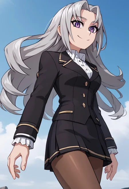 score_4,score_5,score_6,score_7_up,score_8_up,score_9
((masterpiece,best quality,ultra detailed,highres,HD,4k:1.2)),
1girl,solo,grey hair,long hair,Forehead,parted bangs,purple eyes,Strong-willed, strong-willed woman, sharp eyes, slanted eyes,
Black jacket,long sleeves,white shirt,black skirt,pantyhose,brown pantyhose,black shoes,
hand on hip,standing,
smile,
