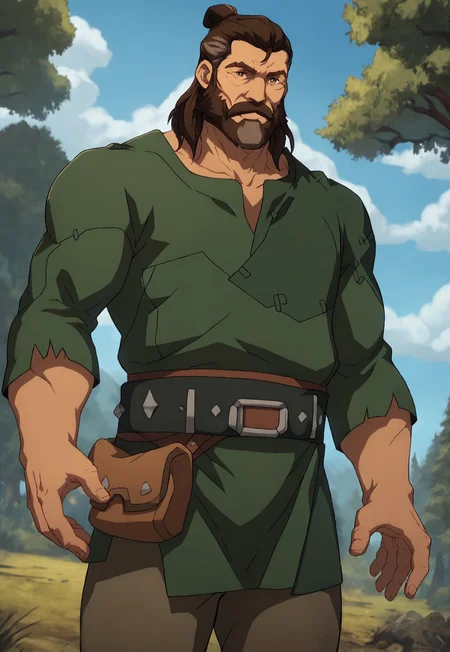 score_9, score_8_up, DuncanExile, medium hair, hair bun, two-tone hair, brown hair, greying hair, brown eyes, beard, mustache, muscular, mature male, green tunic, belt, pouch, brown pants, looking at viewer, smile, dynamic pose, detailed background, dutch angle, forest, blue sky, clouds,