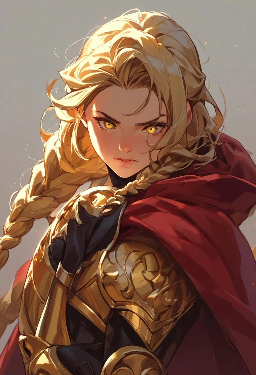 score_9, score_8_up, score_7_up, score_6_up, score_5_up, score_4_up,
paladin lady holding glowing sword, blonde hair, braid, ornate golden armor, ornate pauldrons, black corset, glowing yellow eyes, red cape, upper body, face focus