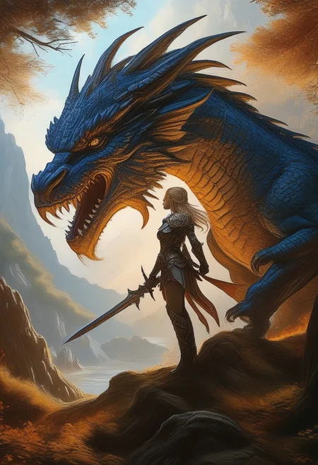 elfian princess fight against giant dragon, in beautiful forest, 8k action shot, elfian princess in short armor, long legs,, with long spear,fighting, fantasy, gigantic dragon, bosstyle,