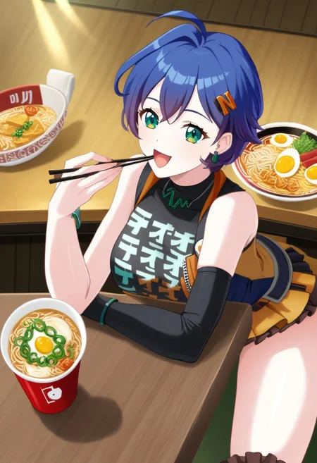 score_9, score_8_up, pov,score_7_up,source_anime,rating_questionable,Expressiveh,concept art,dark theme,masterpiece,highly detailed, ((best quality, ultra-detailed)), perfect anatomy, ((High detailed, detailed background)), beautiful face, deep skin, glistening skin, ((skindentation)), ((portrait)), sandwiched, pale skin,BREAK 1gril,solo,belle,belle \(zenless zone zero\),Belle_(Zenless_Zone_Zero),green_eyes, blue_hair, short_hair, ahoge, medium_breasts, hair_ornament,single fingerless glove,single thighhigh, black shirt, earrings, hairclip,sneakers, layered skirt, single sock,sleeveless jacket, asymmetrical legwear,necklace, bracelet,BREAK close-up, eating ramen, laughing, cheerful, open mouth, eyes wide open, dynamic pose, scenery, inside of old Ramen restaurants in Japan, a cup of coffee with Starbucks logo and a bowl of ramen on the table, Dharma logo sign, facial expression,more detail XL, food, eating noodles, bowl, chopsticks, egg, holding chopsticks, ramen,