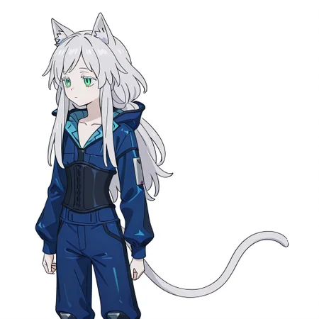 ((((Solo))))
(((Cat ears))),(((cat tail))
(((((((((White background)))))),((((simple background)))))
((duexmurasame,blue bodysuit, blue pants ,corset, collarbone))
(((Rosmontis, long hair, grey hair, bangs, animal ears, green eyes, cat tail,)))