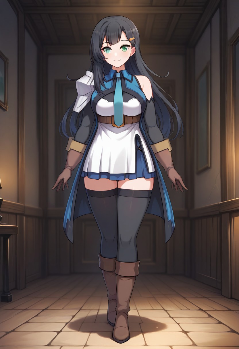 1girl, Lia-Liver020-Wattpad, solo, black hair, long hair, blue tie, necktie, detached sleeves, bangs, green eyes, brown gloves, bare shoulder, brown boots, hair ornament, ornaments, shoulder pad, black stockings, long stockings, white dress, brown belt, blue tunic, blue skirt, thighs, large breasts, milf, cute smile,