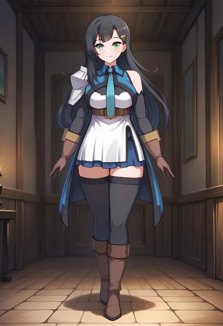 1girl, Lia-Liver020-Wattpad, solo, black hair, long hair, blue tie, necktie, detached sleeves, bangs, green eyes, brown gloves, bare shoulder, brown boots, hair ornament, ornaments, shoulder pad, black stockings, long stockings, white dress, brown belt, blue tunic, blue skirt, thighs, large breasts, milf, cute smile,