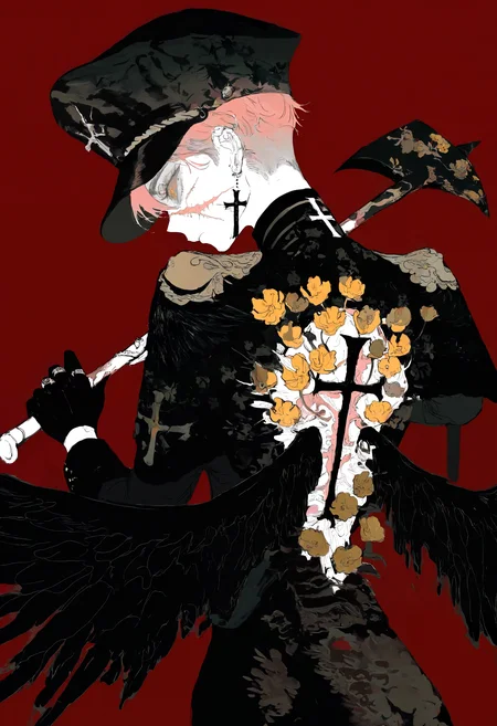 masterpiece, highres, absurdres, newest, very awa, (muted color, unfinished, limited palette:1.2), 1girl, solo, short hair, pink hair, back focus, scar on face, cross on back, ring, gloves, hat, uniform, holding axe, print dress, black wings, partially covered face, yellow flower, red background, <lora:spo_sdxl_10ep_4k-data_lora_webui>, <lora:NOOB_EPSv1_1_detailer_by_vlnvk_v1_0>, <lora:mon_monmon2133>