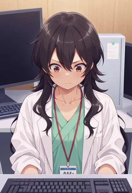 masterpiece,best quality,amazing quality, ameku takao, long hair, black hair, brown eyes, 1girl, labcoat, solo, keyboard (computer), monitor, hair between eyes, collarbone