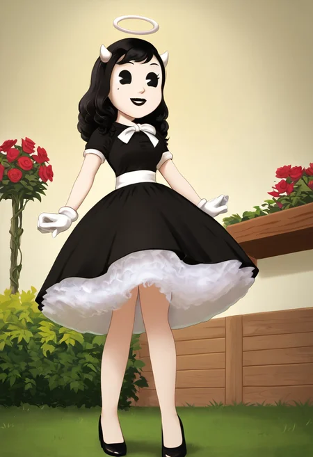 (Masterpiece, best quality:1.2), score_9, score_8_up, flat color, flat shading, soft shading, lighting, Alice Angel in a 1950's dress with a button down top, a fluffy frilly ruffled full petticoat, and high heels, dress, layered petticoat, frilly petticoat, fluffy petticoat, full petticoat, wide dress, flowing dress, long skirt, solid colored skirt, short sleeves, black hair, Bendy and The Ink Machine, series accurate, cute, best high quality, high res, black lips, white colored skin, whole body shot, 1girl, solo, outside, standing straight, in a garden, cute, adorable, smile, low angle shot, cartoon, cartoon style, vector, solo, circle dress, 1950s, alice angel