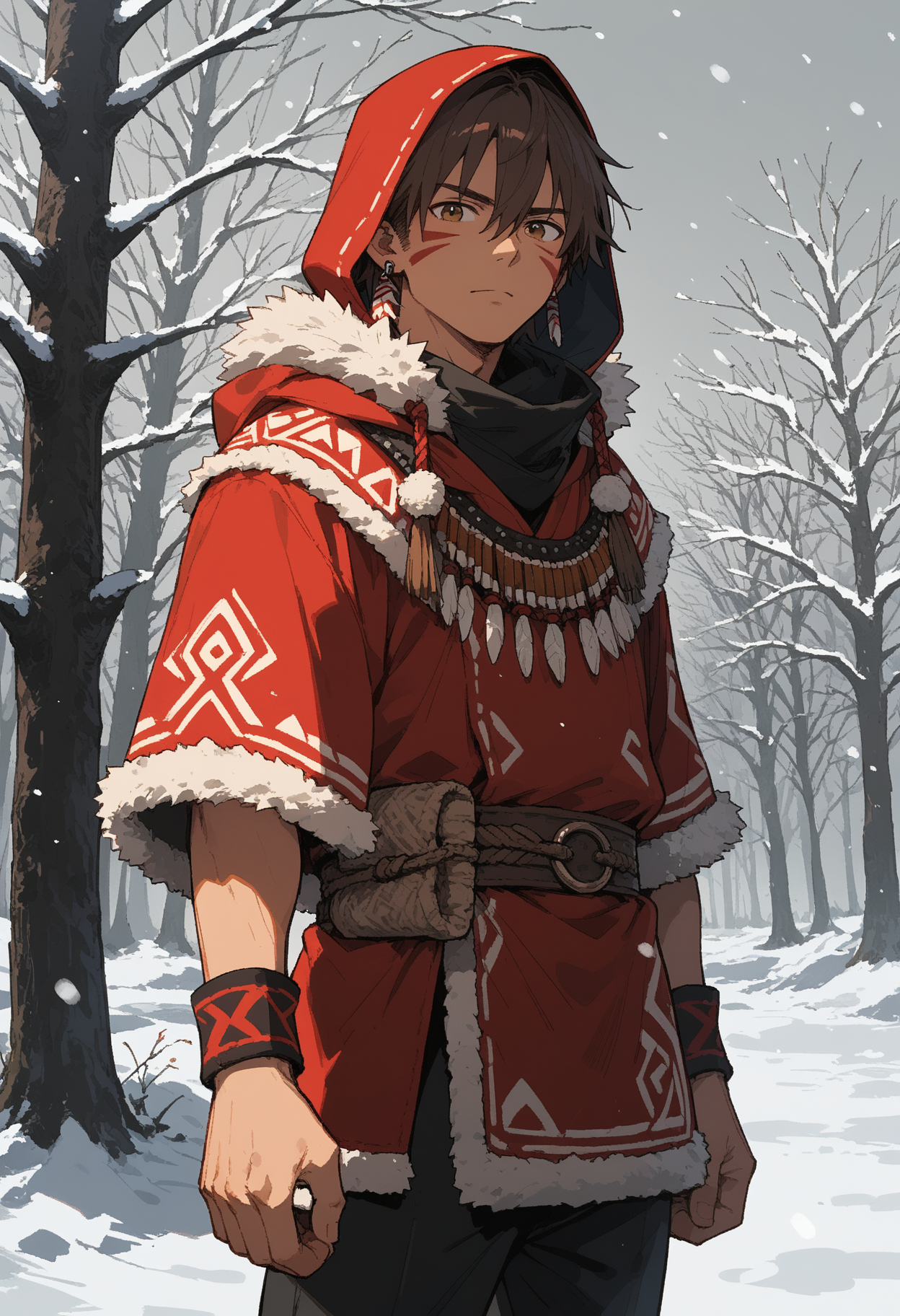 score_9, score_8_up, score_7_up,source_anime,1boy,solo,intense brown hair,pompadour hairstyle,hair between eyes,brown eyes,perfecteyes,eyebrows,tribal clothes,((wearing a hood)),fur hood,pants,fur belt,woven sack,tribal earrings,red face marking,snow,snowing,tree,looking at viewer,sinozick,flat colors
