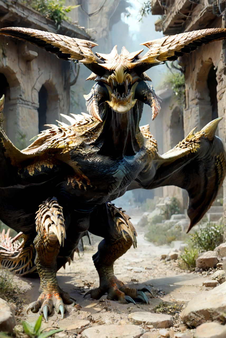 source_furry, score_9, score_8_up, score_7_up, (reydau_wilds, wyvern, feral), scalie, yellow scales, horns, fangs, teeth, sharp teeth, amber eyes, detailed eyes, long neck, spikes, claws, tail, spiked tail, winged arms, wings, <lora:MH_ReyDauPony:0.9>, outdoors, desert setting, ruins, standing, three-quarter-view, look at viewer, looking angry, closed mouth, <lora:Add_DetailedEyesPony:0.9>, <lora:add-detail-xl:1>, zPDXL2, zPDXLpg, zPDXLrl, best quality, highly detailed, extreme details, masterpiece, photorealistic, hyperrealistic, ultra realistic, hdr, 4k, uhd, ray tracing, shaded