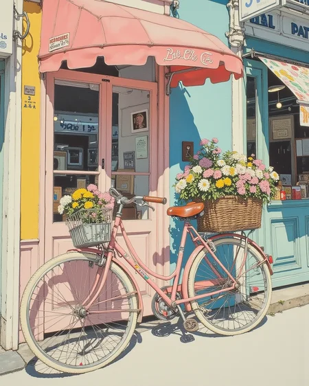 pingtu style, illustration-fen,
fantasy drawing, soft pastell colors with focus on light pink, baby blue, yellow, oil painting, a bicycle is leaning against a patisserie wall, lots of flowers, somewhere in Paris, sunshine, vintage style, pastell color palette, perfect quality, amazing background, highly detailed, amazing lighting, award winning, a masterpiece,
<lora:pingtu:0.9>,