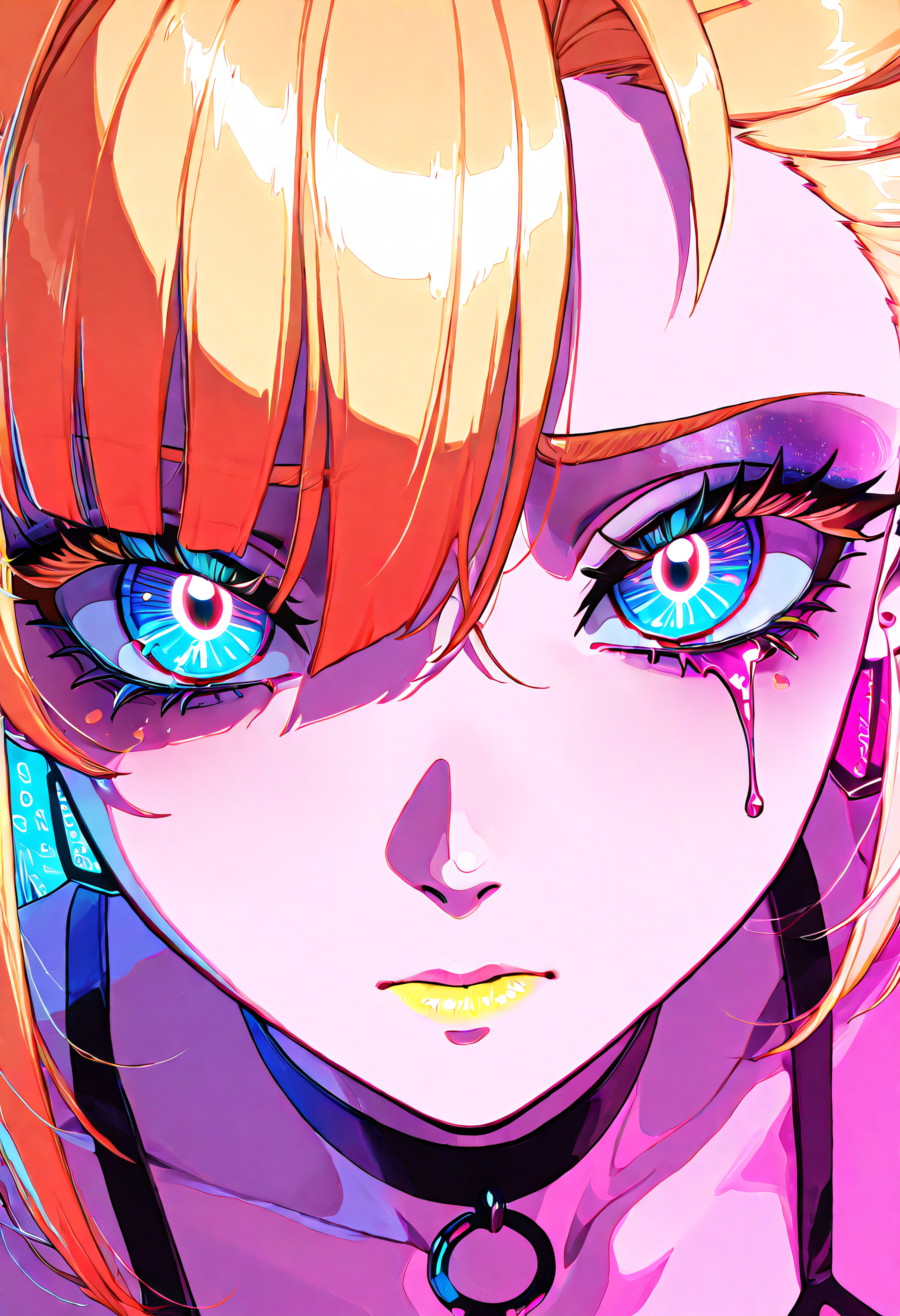 1girl, solo, neon punk ballerina with glitch tears, wistful look as if haunted by code, glitching VR nightclub in zero gravity, binary high-pass filter distortion, 90s VHS bright color scheme, plus, satanic symbols & demonic iconography, fisheye close-up portrait, hyper-detailed, cinematic lighting, 8K, ultra textural