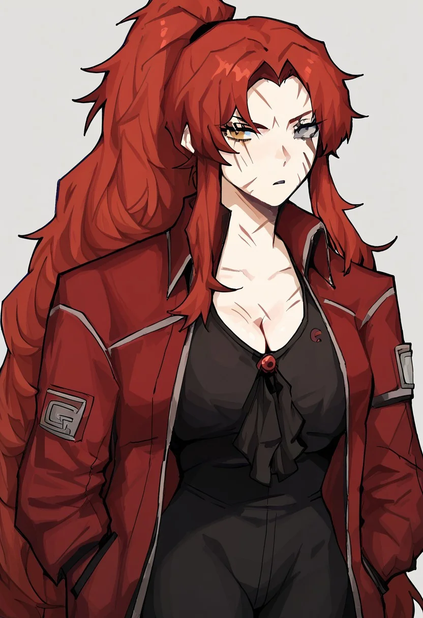 score_9, score_8_up, score_7_up 1girl, solo, PMmix,GeburaPM, red hair, long hair, GeburaLOR, scars, scar across eye, heterochromia, grey eyes, yellow eyes, ponytail, red jacket, open jacket, black ascot, dark red pants, black T-shirt, cleavage,