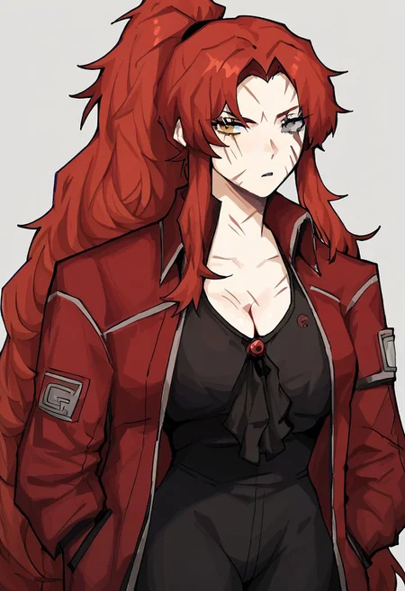 score_9, score_8_up, score_7_up 1girl, solo, PMmix,GeburaPM, red hair, long hair, GeburaLOR, scars, scar across eye, heterochromia, grey eyes, yellow eyes, ponytail, red jacket, open jacket, black ascot, dark red pants, black T-shirt, cleavage,