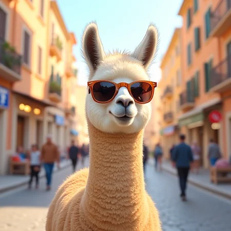 A illustration of a baby alpaca with sunglasses on a busy street in Rome