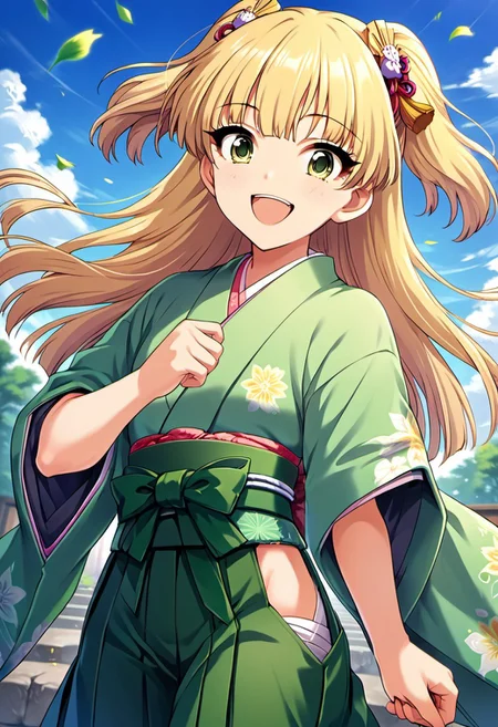 score_9, score_8_up, score_7_up, source_anime, jougasaki rika, long hair, blonde hair, two side up, green eyes, 1girl, japanese clothes, solo, hakama, yagasuri, hakama skirt, green hakama, kimono, open mouth, smile, skirt, hair ornament