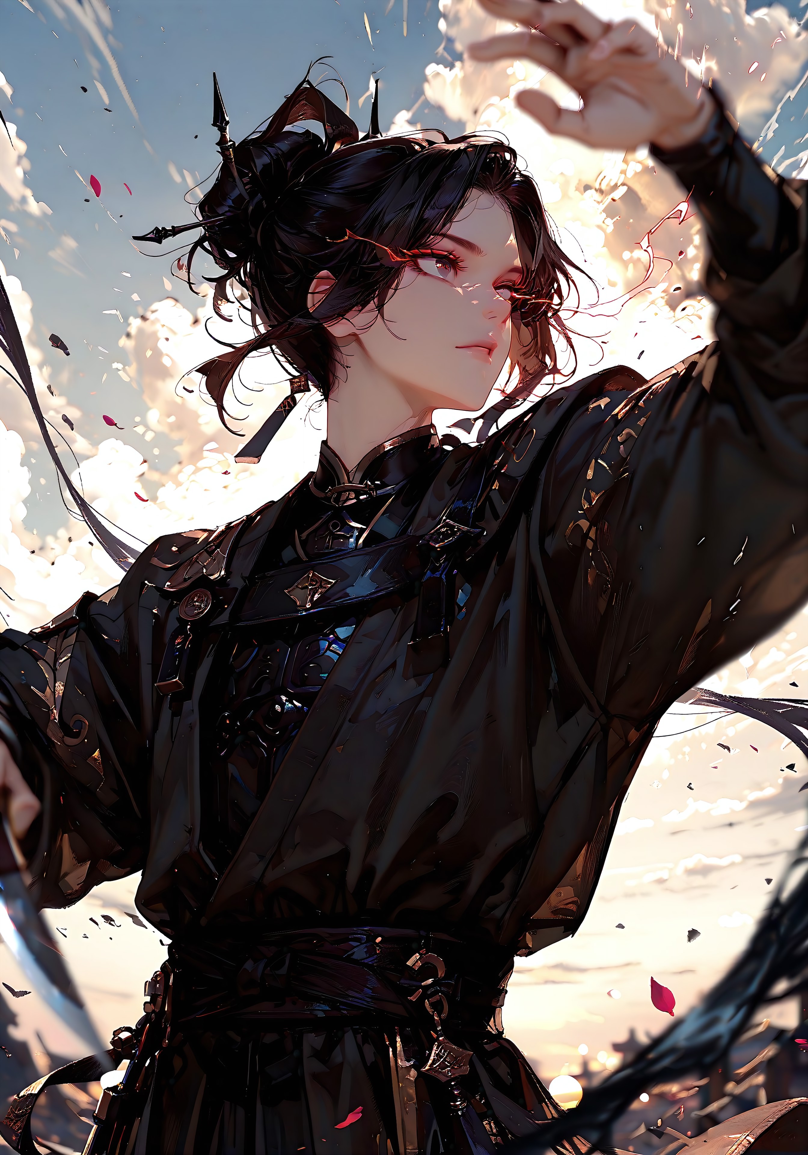 masterpiece, best quality, good quality, very aesthetic, absurdres, newest, 8K, depth of field, focused subject, visual storytelling, dynamic composition,
stylized, scenery, bokeh, blurred background, 
Black Myth Wukong, 1boy, solo, Kael Vireon, Wukong hairstyle,
chinese mythology, (dynamic pose:1.3), eye-trails, fighting-stance, eye trail, zone-eyes, high speed motion, intense action shot, 
"dark glowing" black knife,
upper body focus,
storm aura, divine energy, long flowing sash, ancient armor, windblown hair, dramatic sky, celestial clouds, mythic scale, sakura petals, cinematic composition, backlighting, volumetric light, storytelling scene, symbolic environment, god-tier illustration,(sketch:1.3), in the style of cksc, 